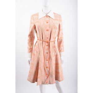 Vintage Womans Shirt Dress M textured Orange White Pointed Collar Kick Pleats
